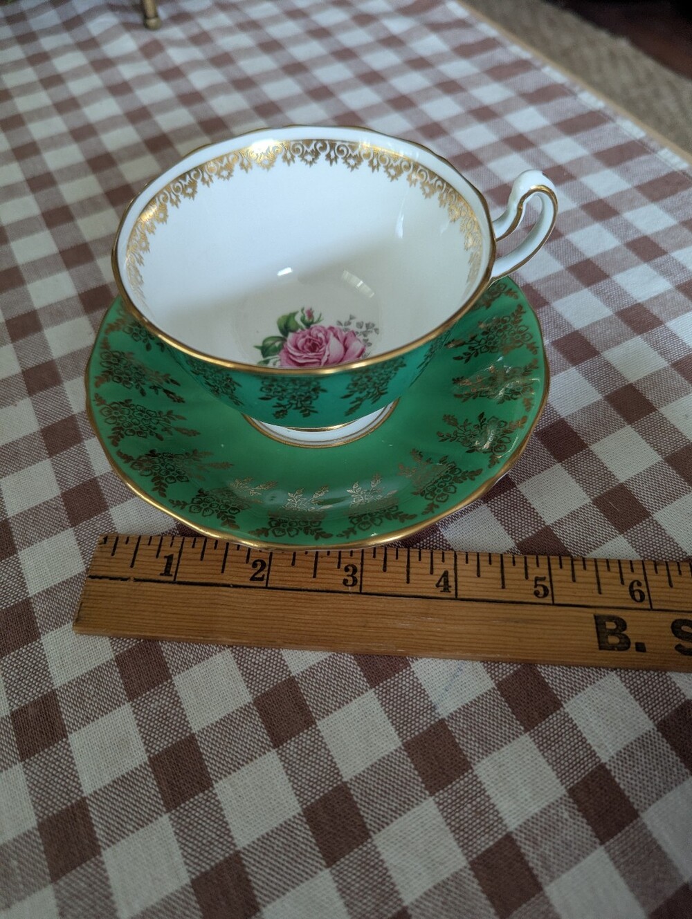 Adderley Vintage Teacup and saucer set green & gold Pink Roses Made in ENGLAND